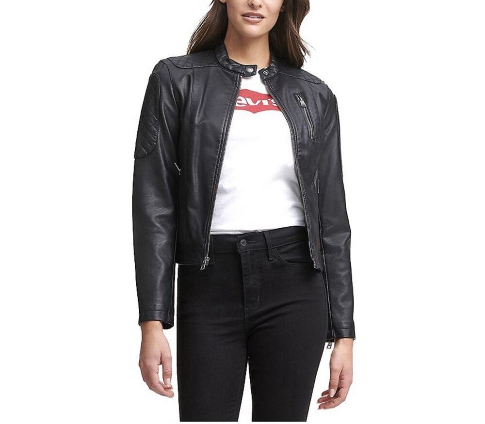 Levi’s Classic Racer Faux Leather Jacket Women’s Large Black Quilted Moto Zip